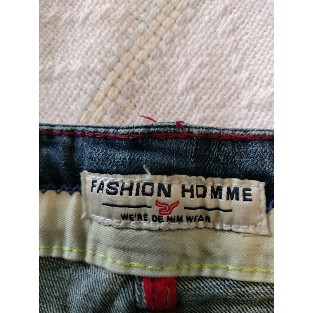 Fashion Homme Distressed Denim Shorts Size 33 Blue Acid Wash Graphic Cuff Punk - Picture 11 of 16